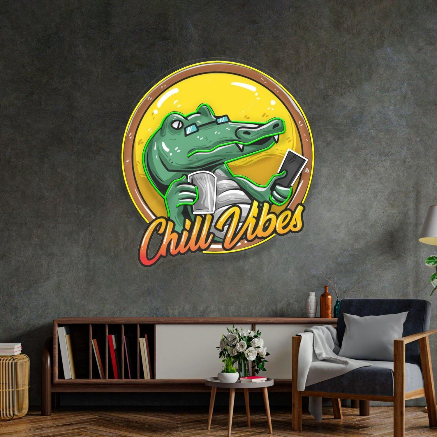 Chill Vibes Cartoon Crocodile Uv Printed Led Neon Sign For Home Cafe Decor | Shineneon