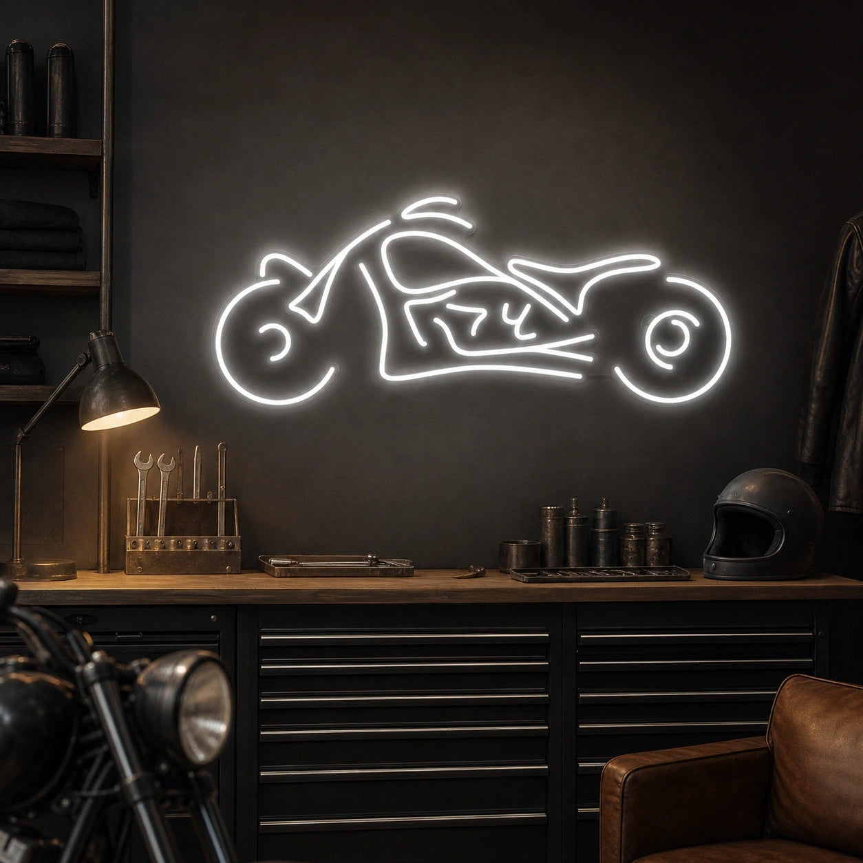 Chopper Motorcycle Side Profile LED Neon Sign Home Bar Wall Decoration real lifestyle scene