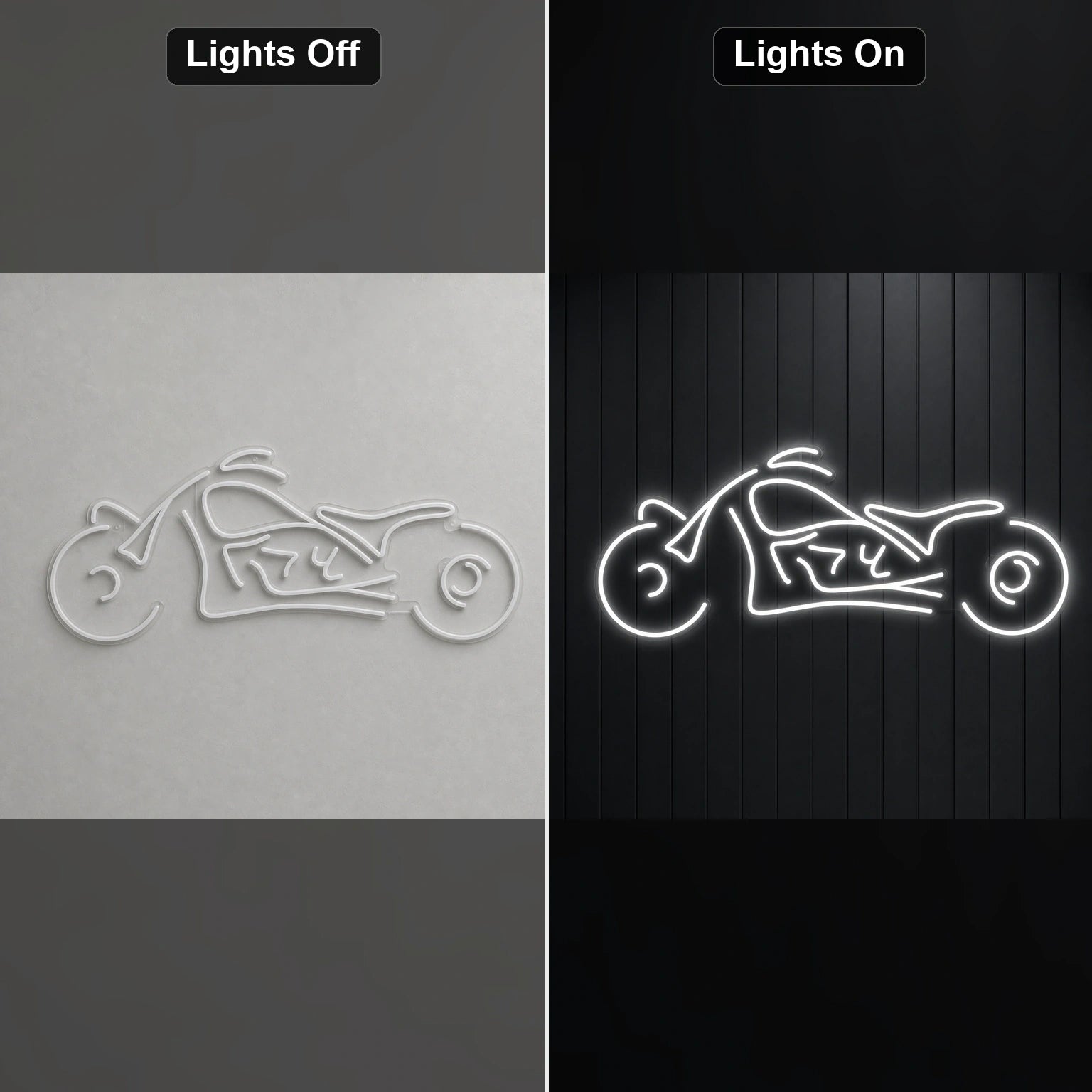 Chopper Motorcycle Side Profile LED Neon Sign Home Garage Wall Decoration day and night comparison