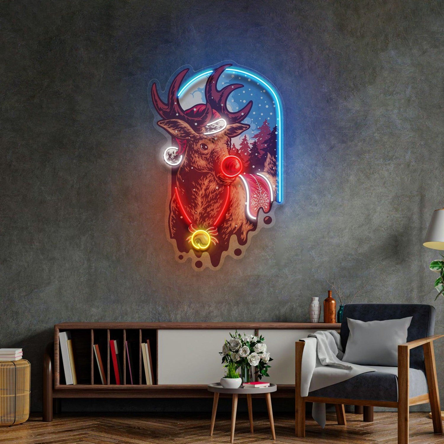 Christmas Deer Blue Red Uv Printed Led Neon Sign With Snowflakes For Holiday Home Decor | Shineneon