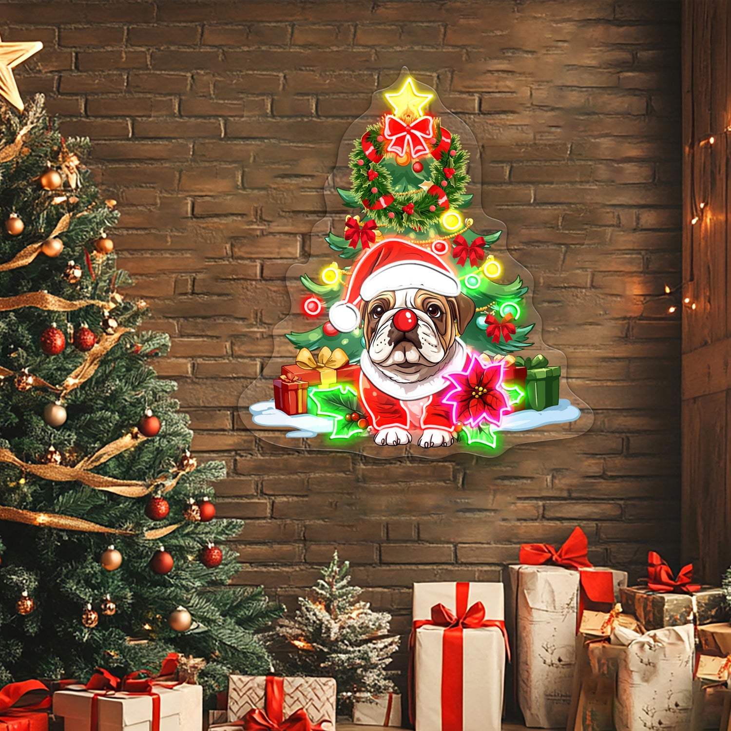 Christmas Santa Hat American Bulldog Dog Acrylic Led Sign | Shineneon