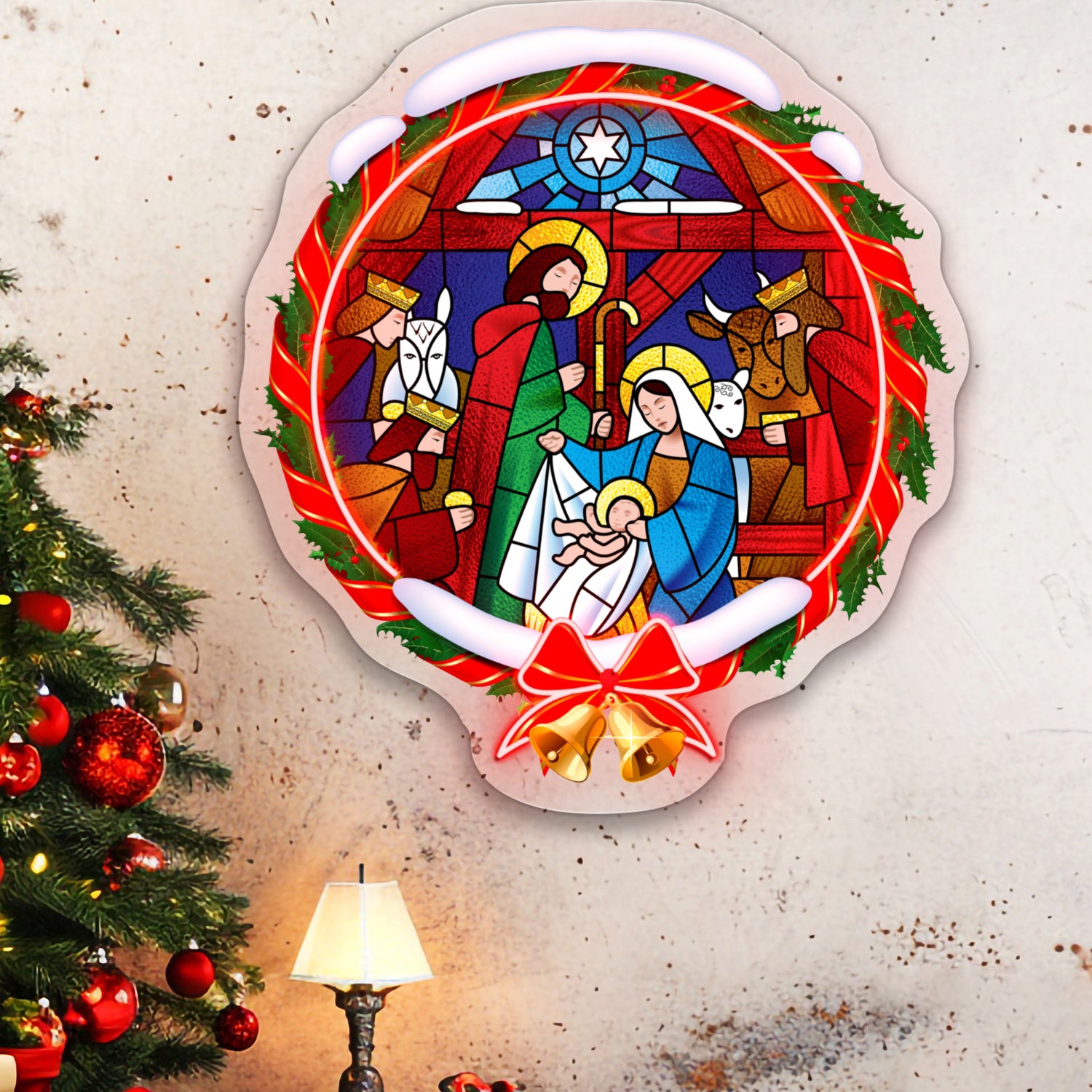 Christmas Scene in Holly Wreath Acrylic Led Neon Sign | Shineneon