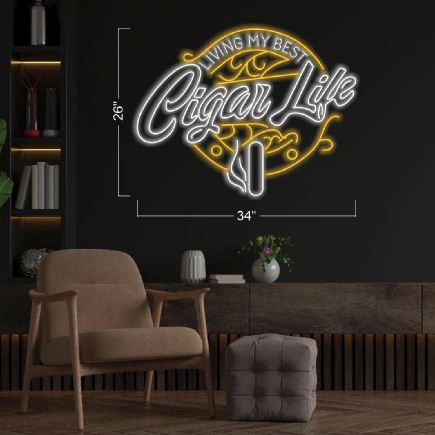 Cigar Life White-Yellow Circular Led Neon Sign For Lounge Cigar Bar Decor | Shineneon