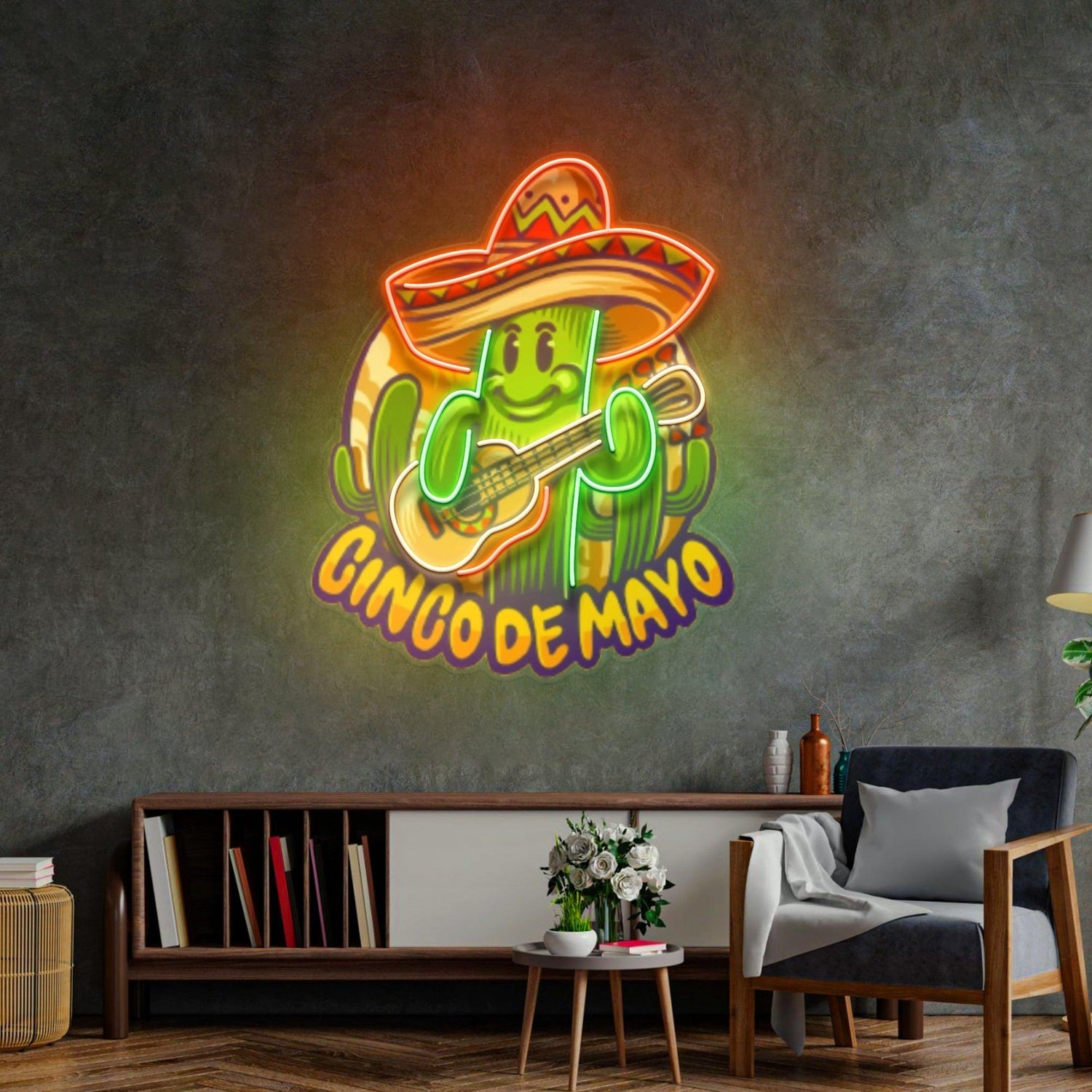 Cinco De Mayo Cactus Guitarist Uv Printed Led Neon Sign For Indoor Party Decor | Shineneon