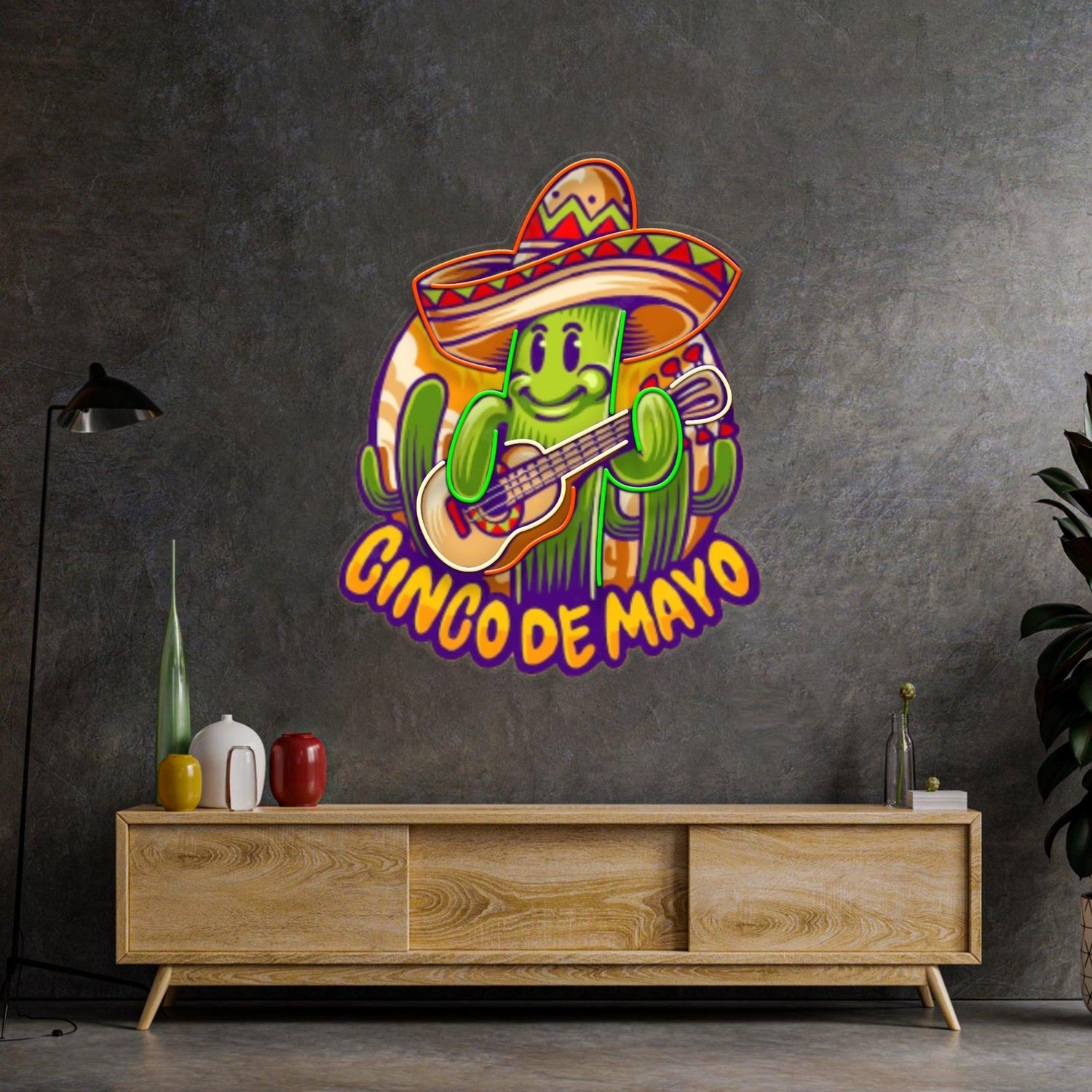 Cinco De Mayo Cactus Guitarist Uv Printed Led Neon Sign For Indoor Party Decor | Shineneon