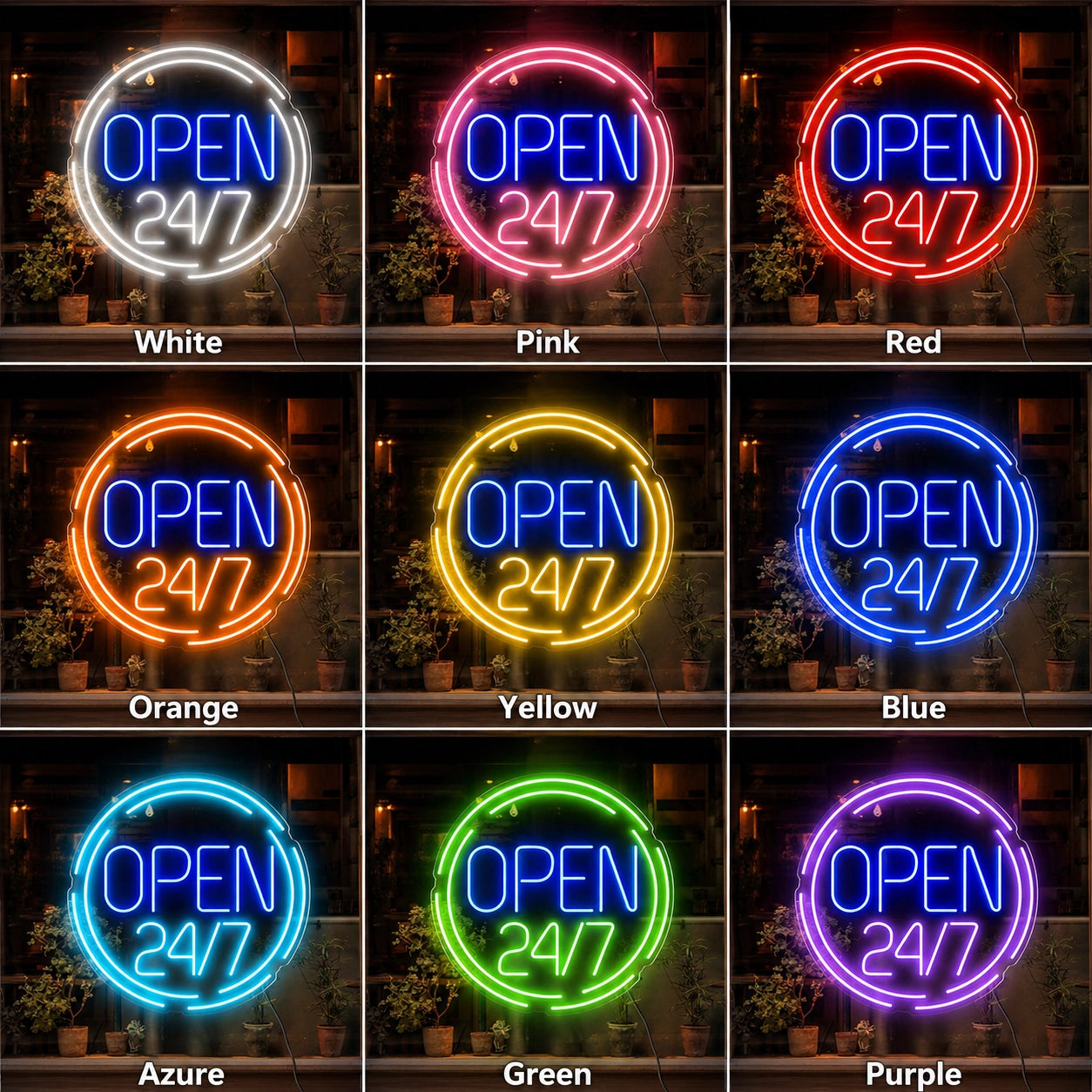 Circle Open 24 Seven Neon Sign LED Neon Sign color grid