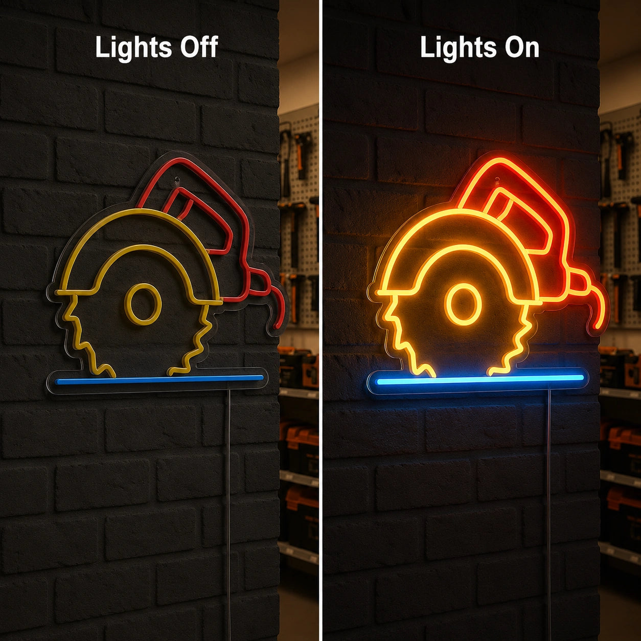 Circular Saw Workshop Neon Sign LED Neon Sign day and night comparison
