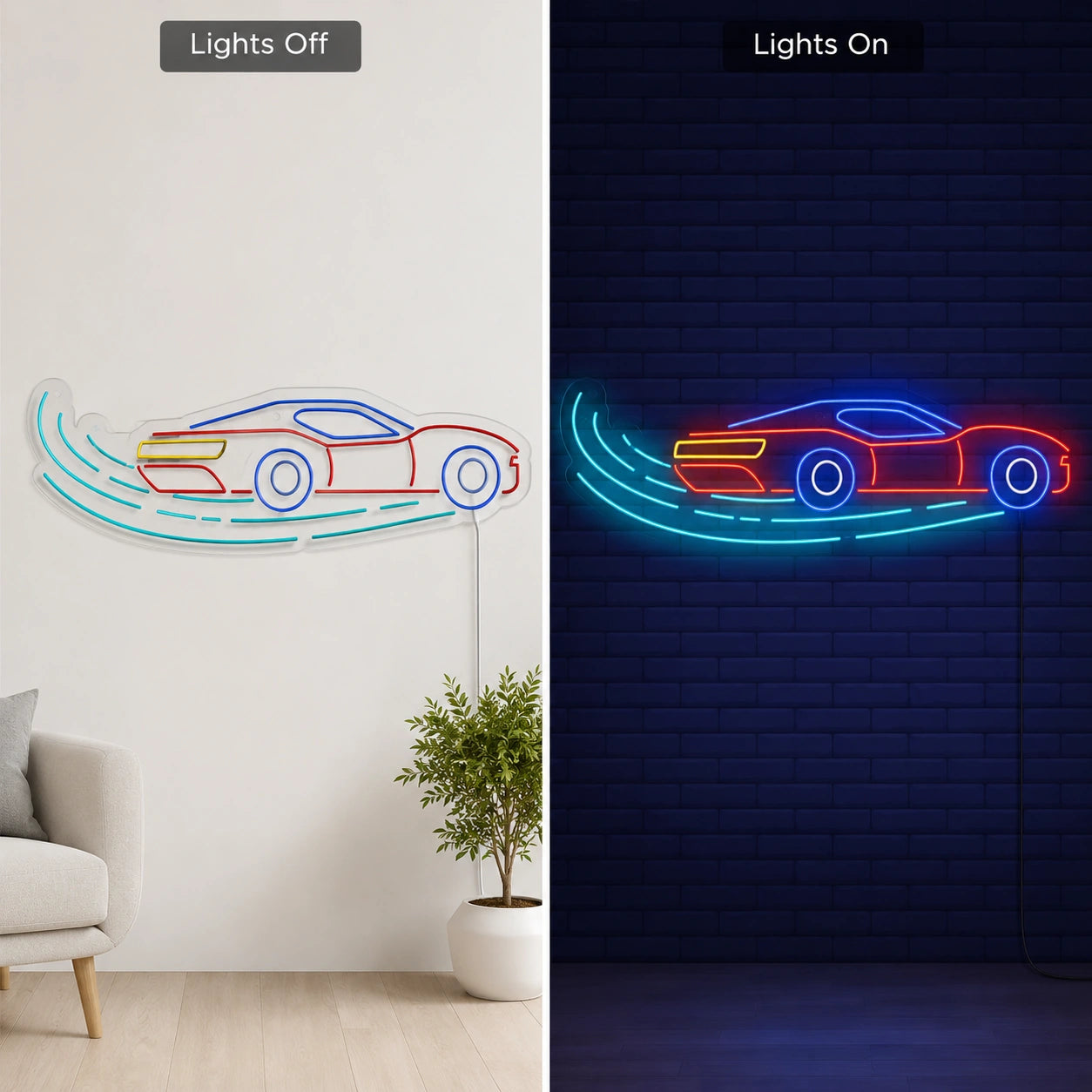 Classic Car Motion Neon Sign LED Neon Sign day and night comparison