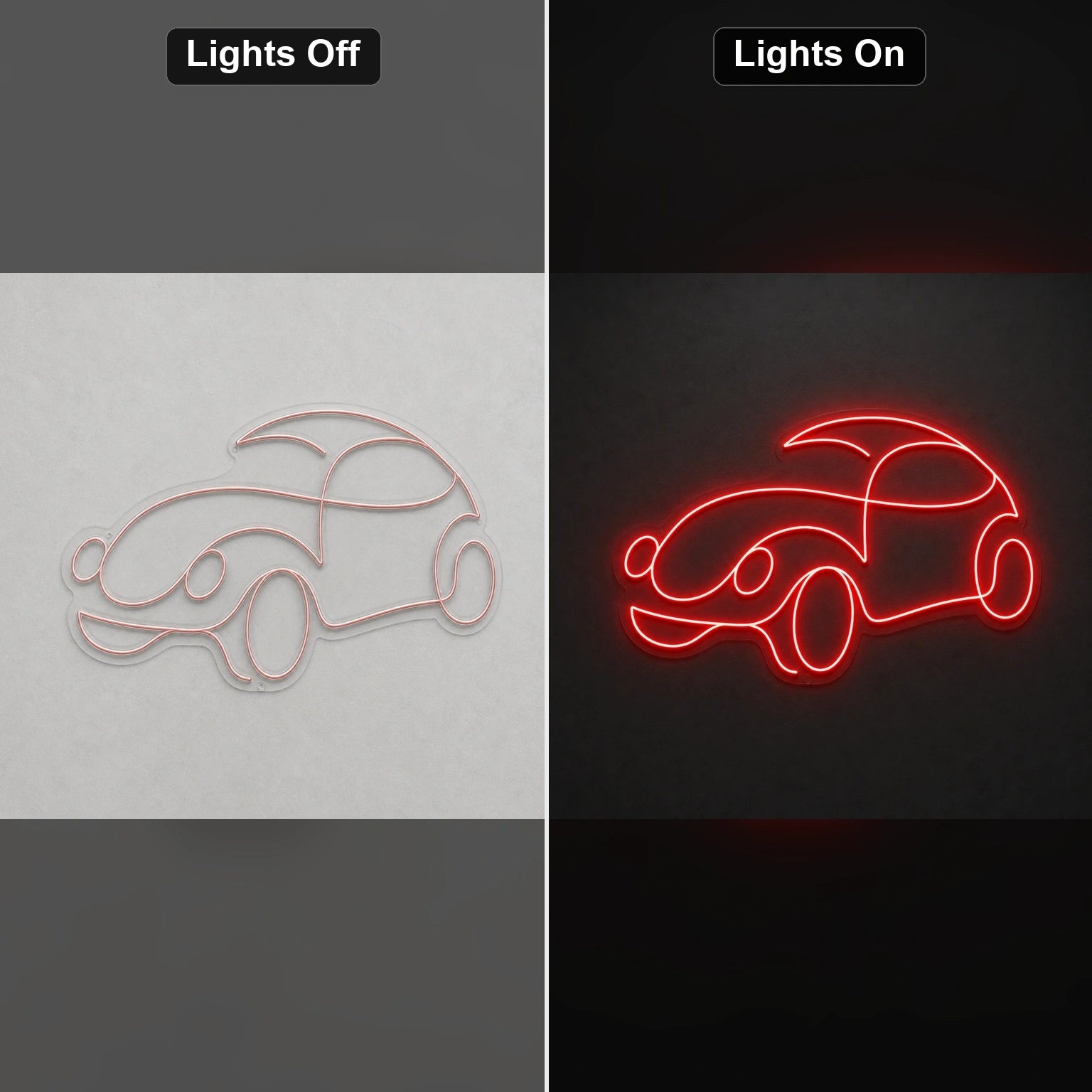 Classic Car Outline LED Neon Sign Home Garage Wall Decoration day and night comparison