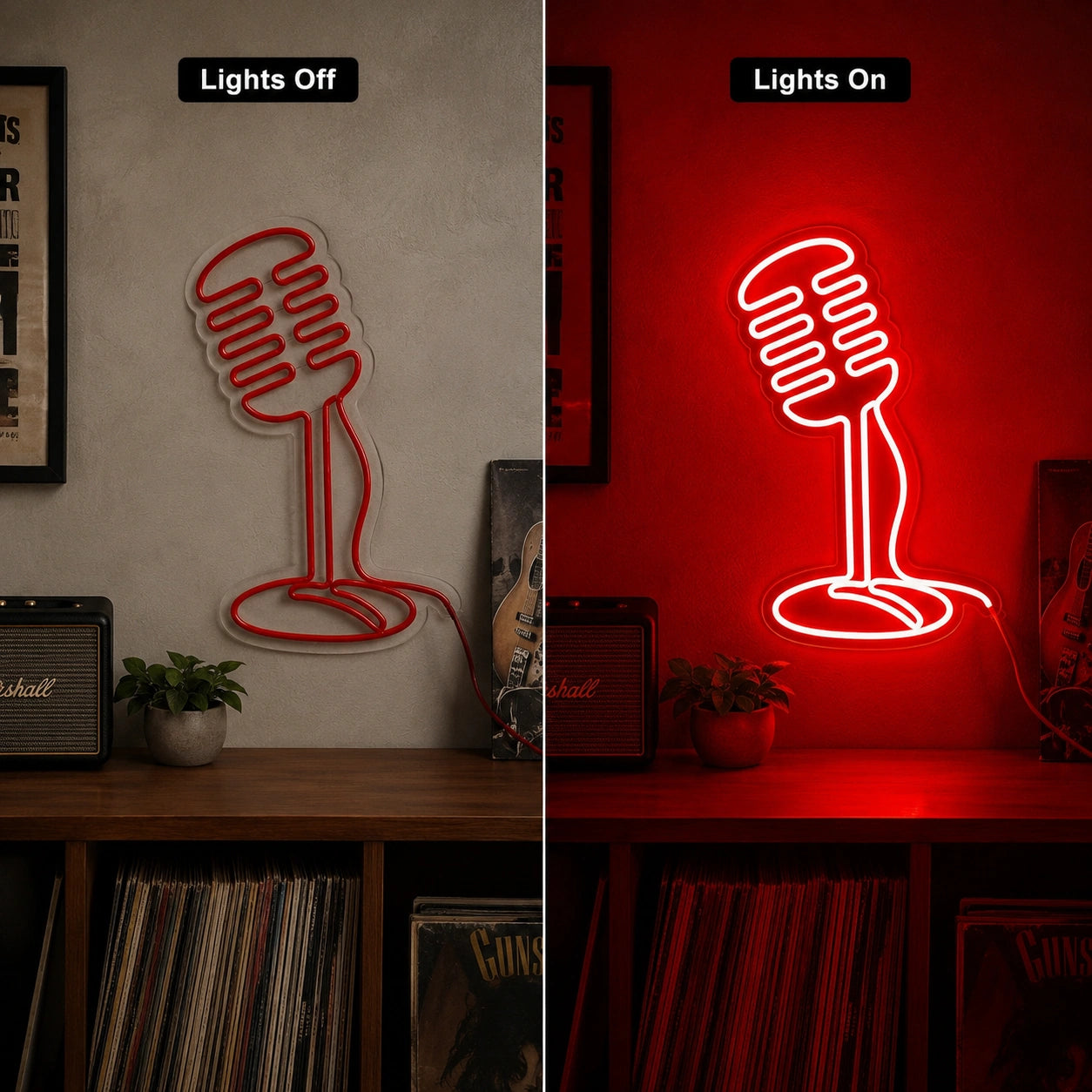 Classic Microphone LED Neon Sign day and night comparison
