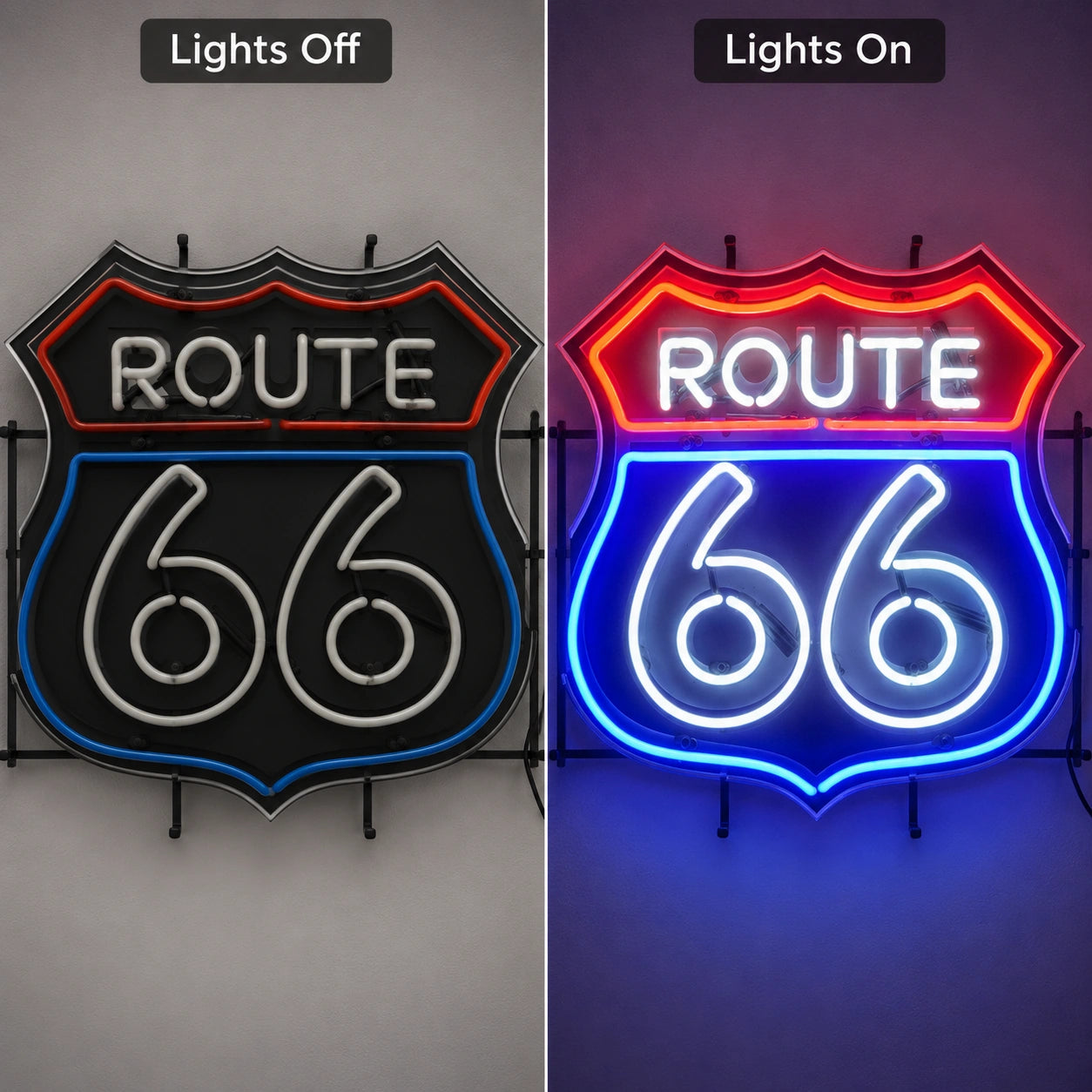 Classic Route 66 Wall Neon Sign LED Neon Sign day and night comparison
