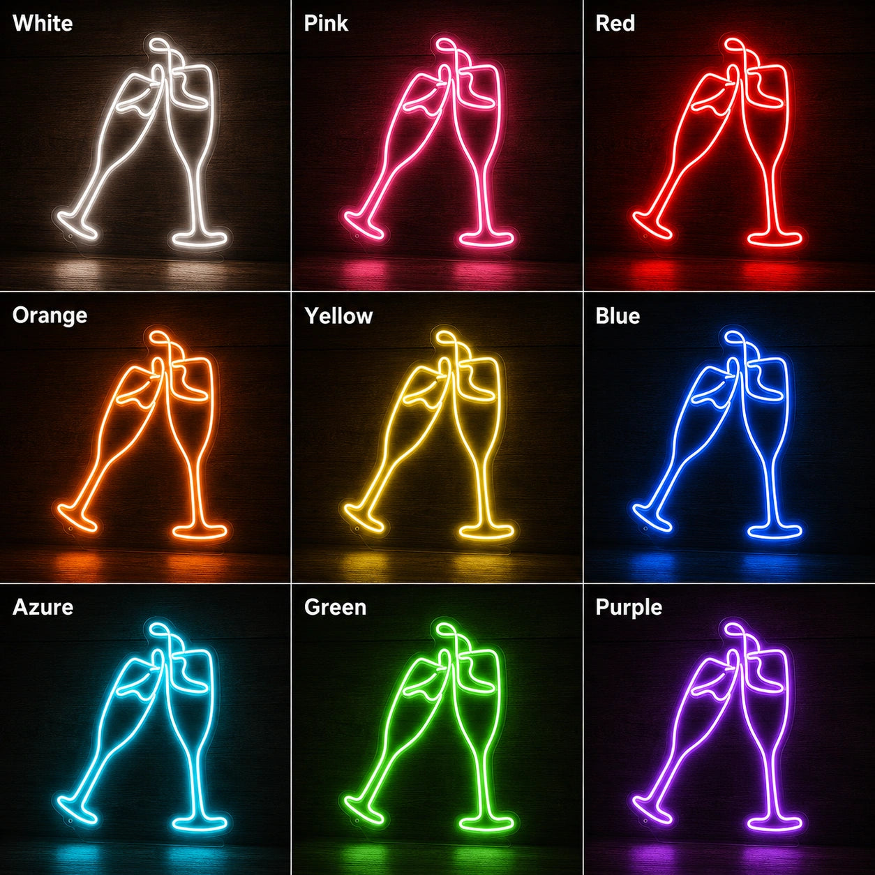 Clinking Champagne Glasses LED Neon Sign day and night comparison
