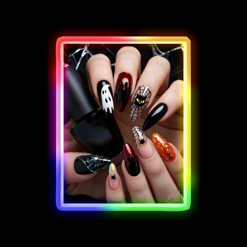 Close Up Designed Halloween Nail Art On Nail Salon Led Neon Sign Rgb Color - LED neon sign close-up detail