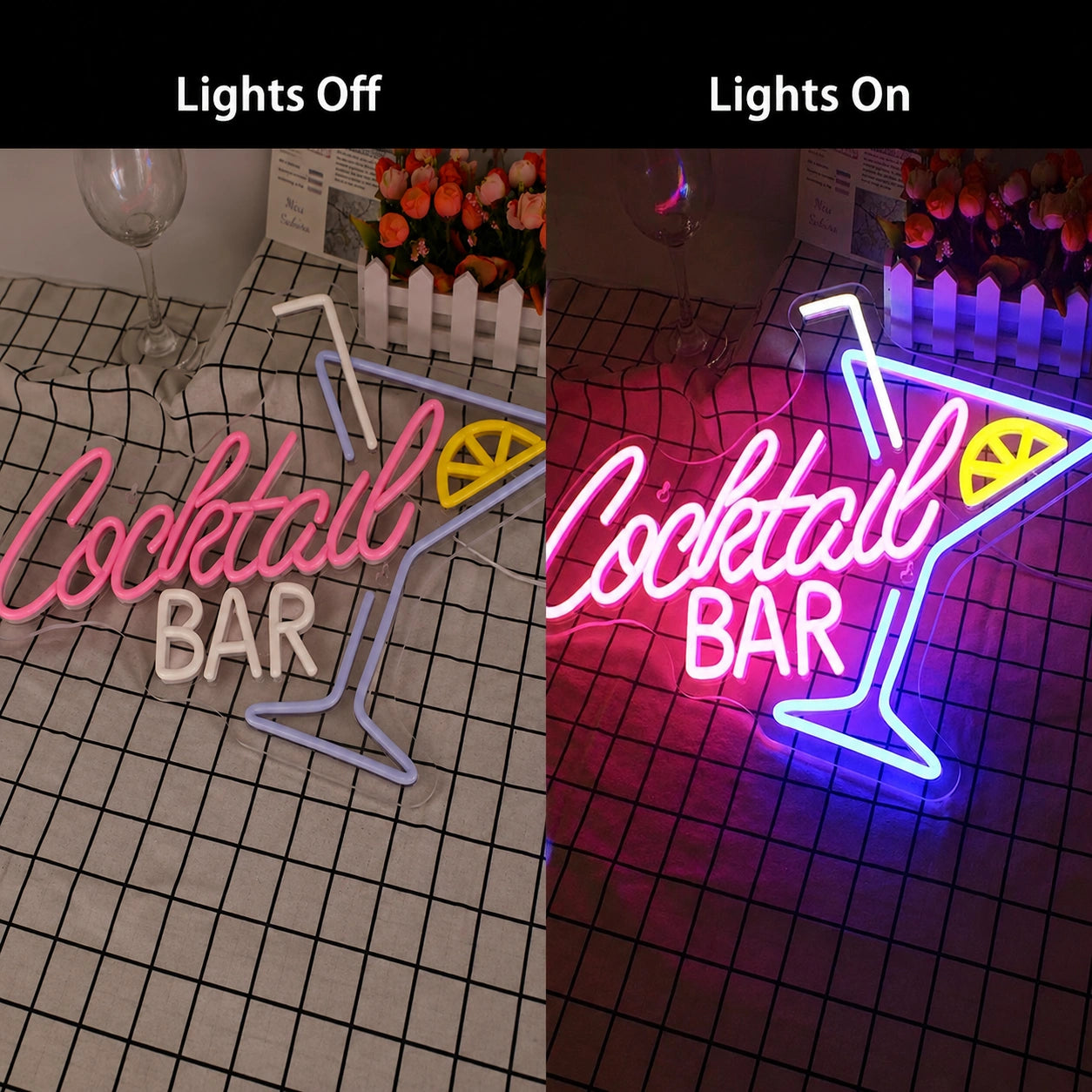 Cocktail Bar Floor LED Neon Sign - 06 Day Night Comparison
