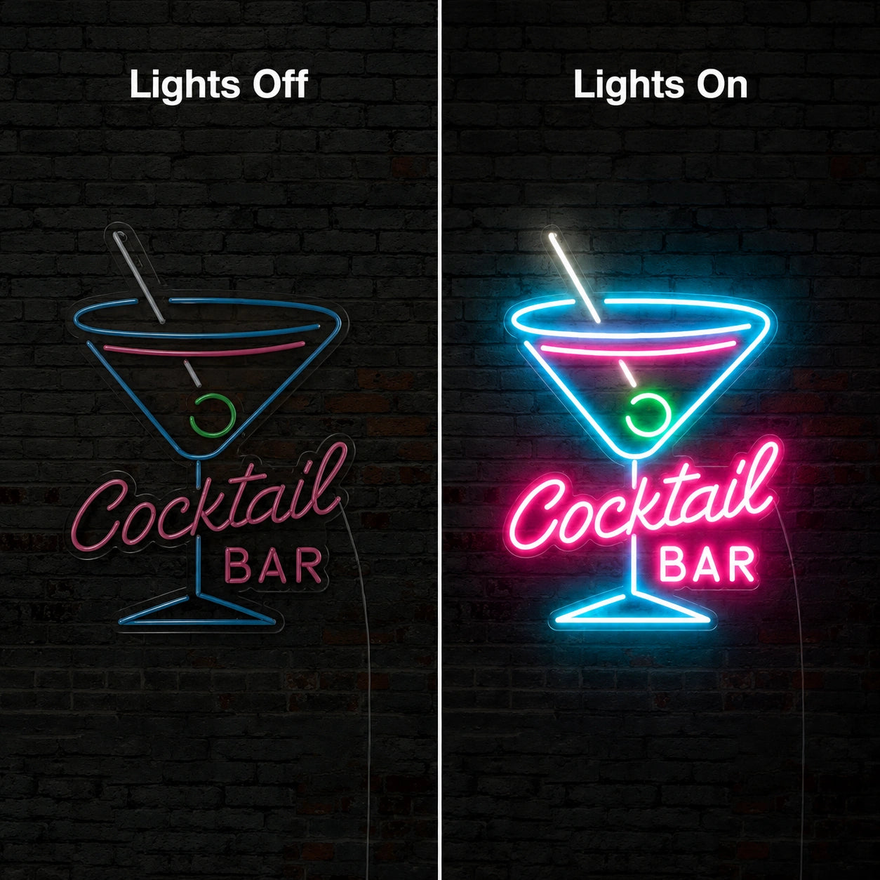 Cocktail Bar Martini Neon Sign LED Neon Sign day and night comparison