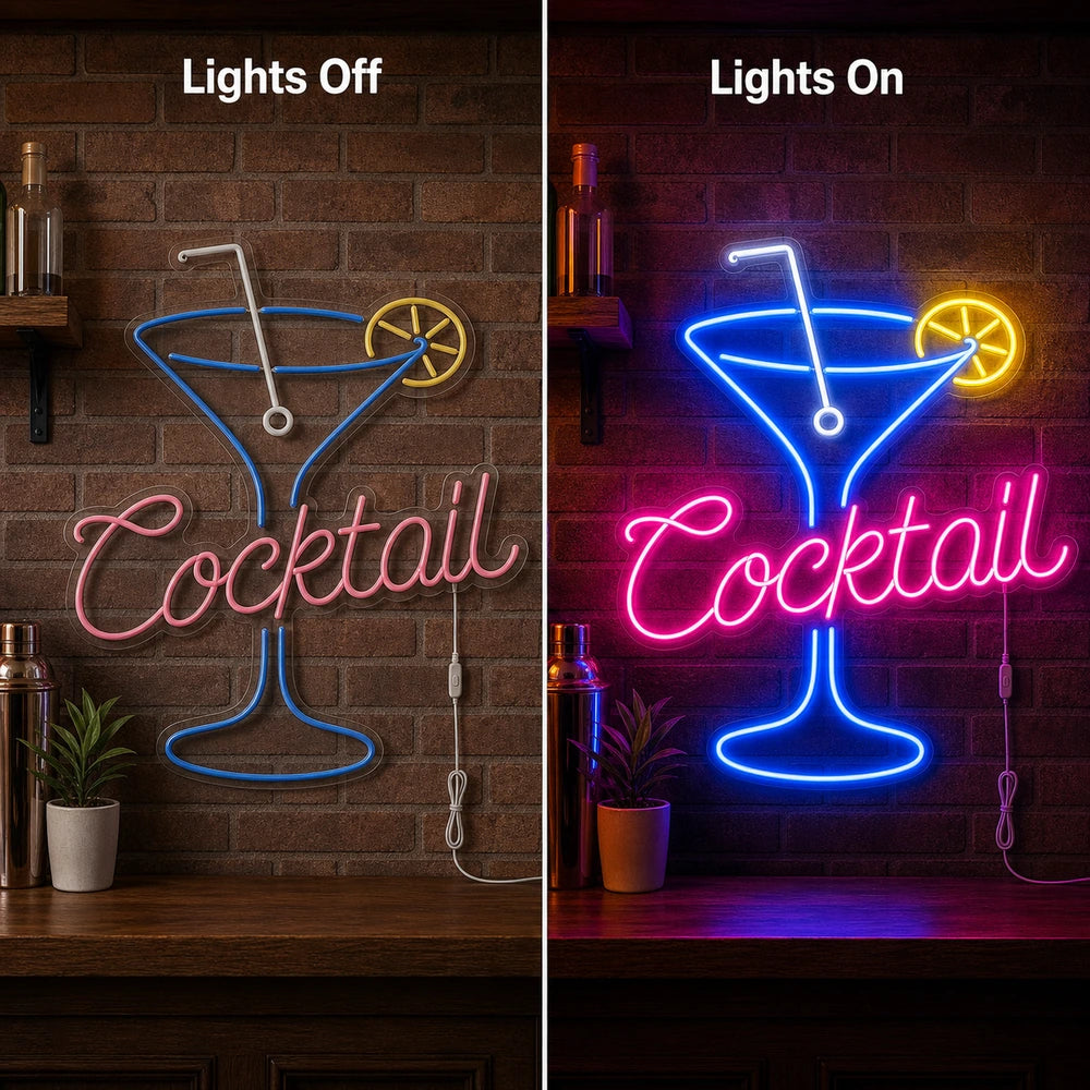 Cocktail Lemon Bar Led Neon Sign day and night comparison