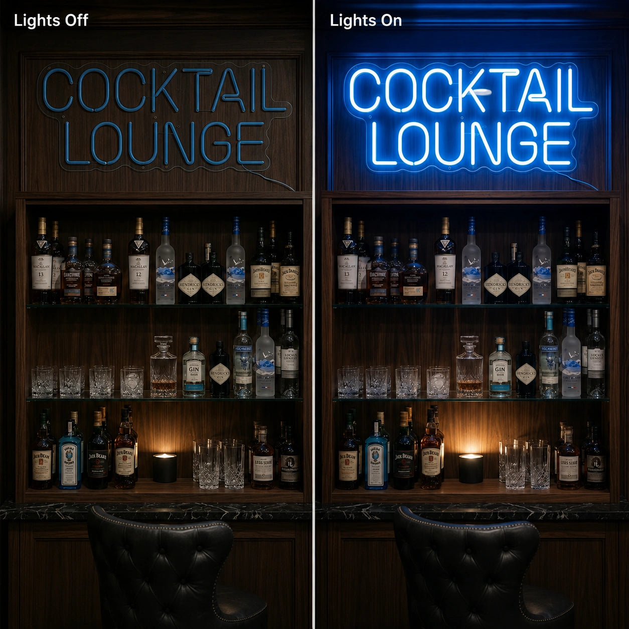 Cocktail Lounge Cabinet Neon Sign LED Neon Sign day and night comparison