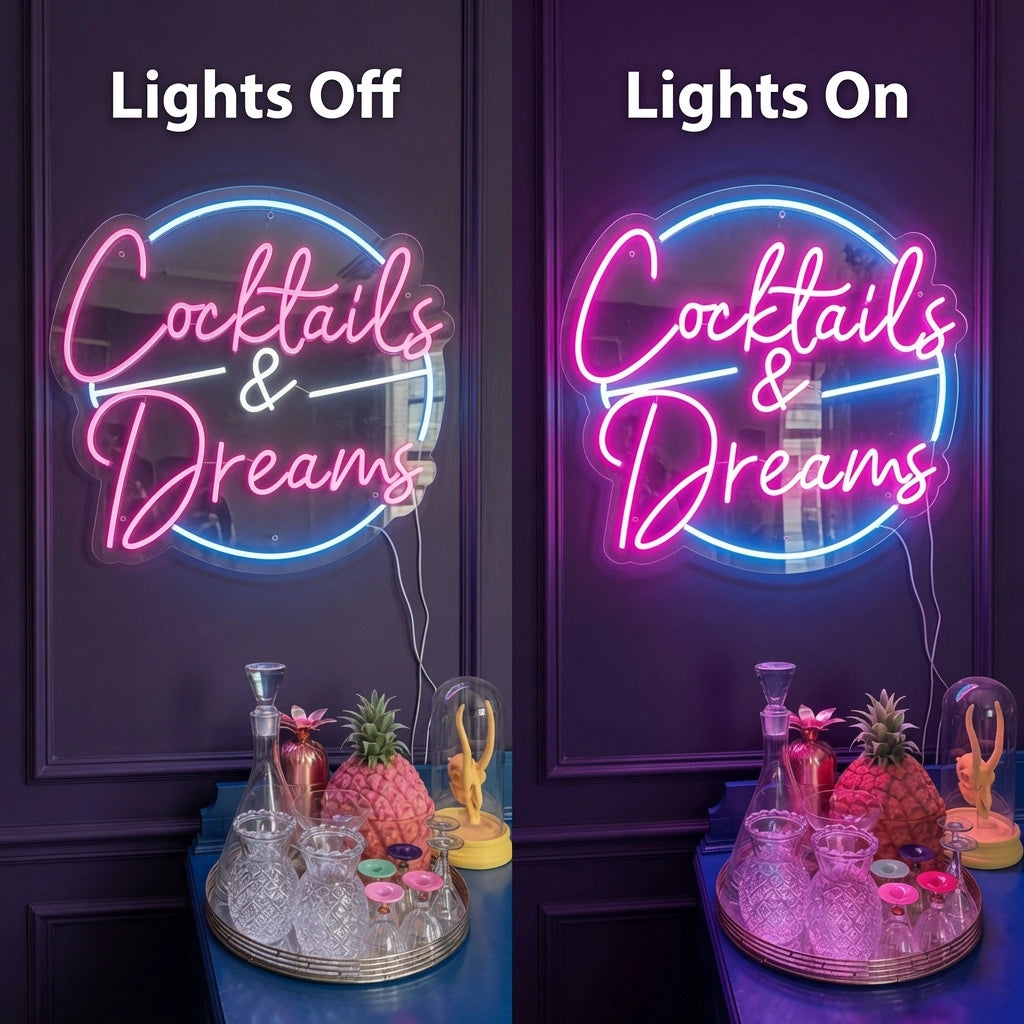 Cocktails And Dreams LED Neon Sign Wall Neon Sign - 06 Day Night Comparison
