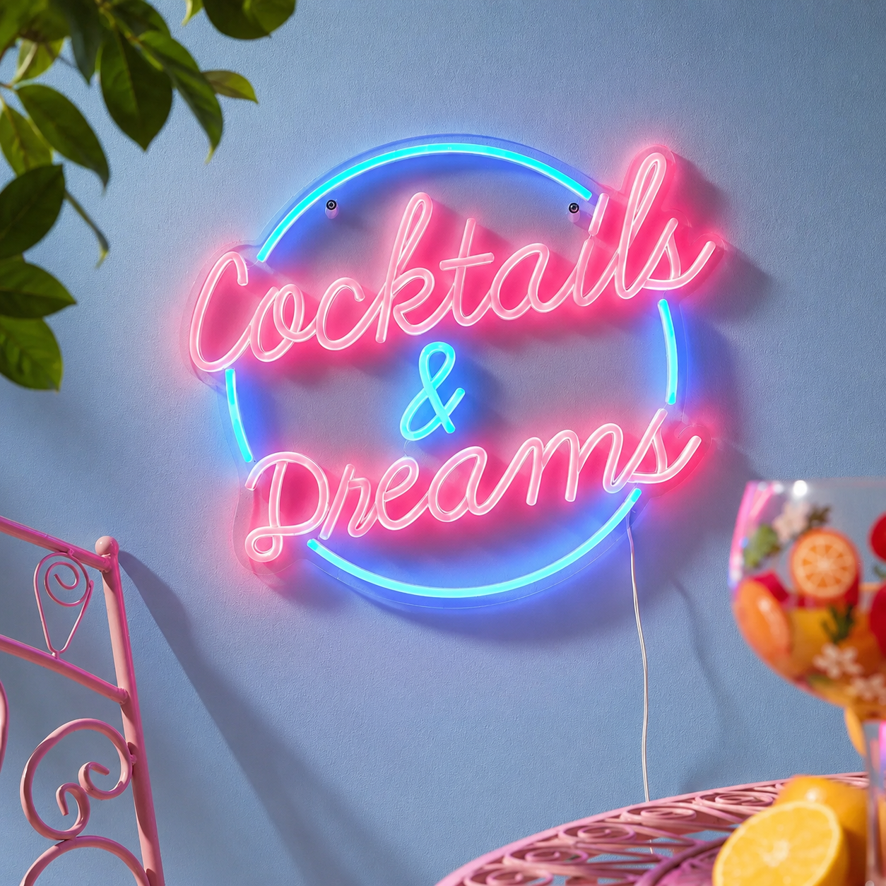 Cocktails And Dreams On The Side Of A Blue Wall LED Neon Sign main product image