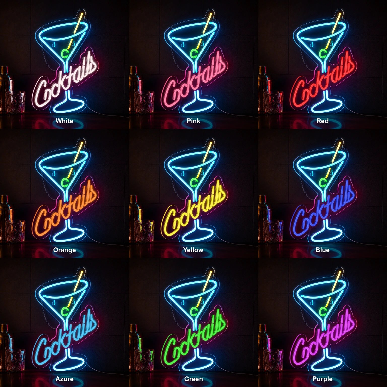 Cocktails Martini Glass Man Cave LED Neon Sign color grid