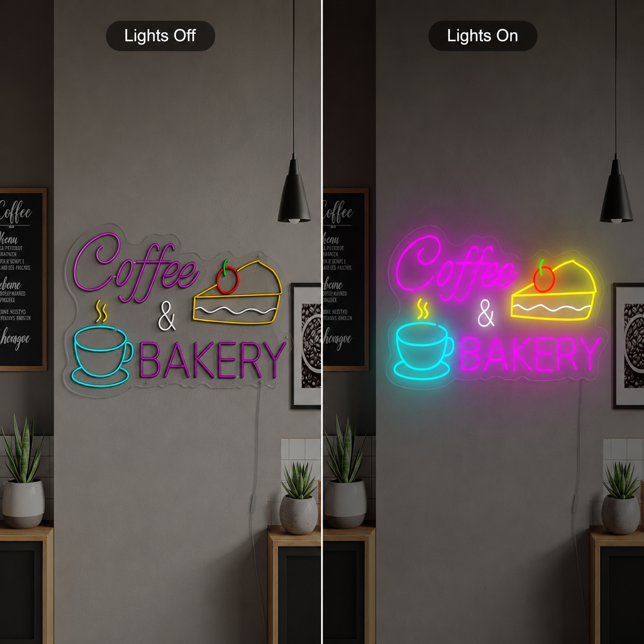 Coffee And Bakery LED Neon Sign - 06 Day Night Comparison