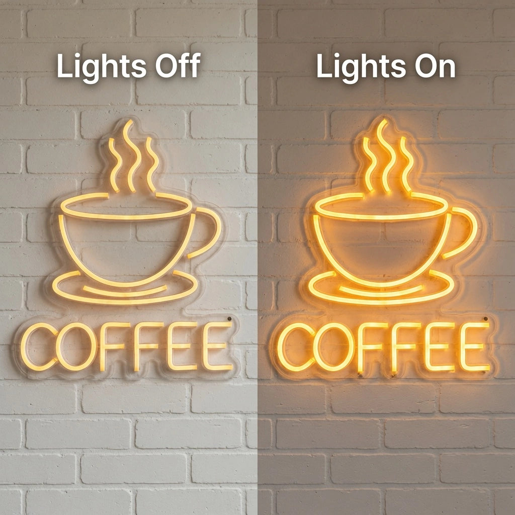 Coffee Business Room Art LED Neon Sign - 06 Day Night Comparison