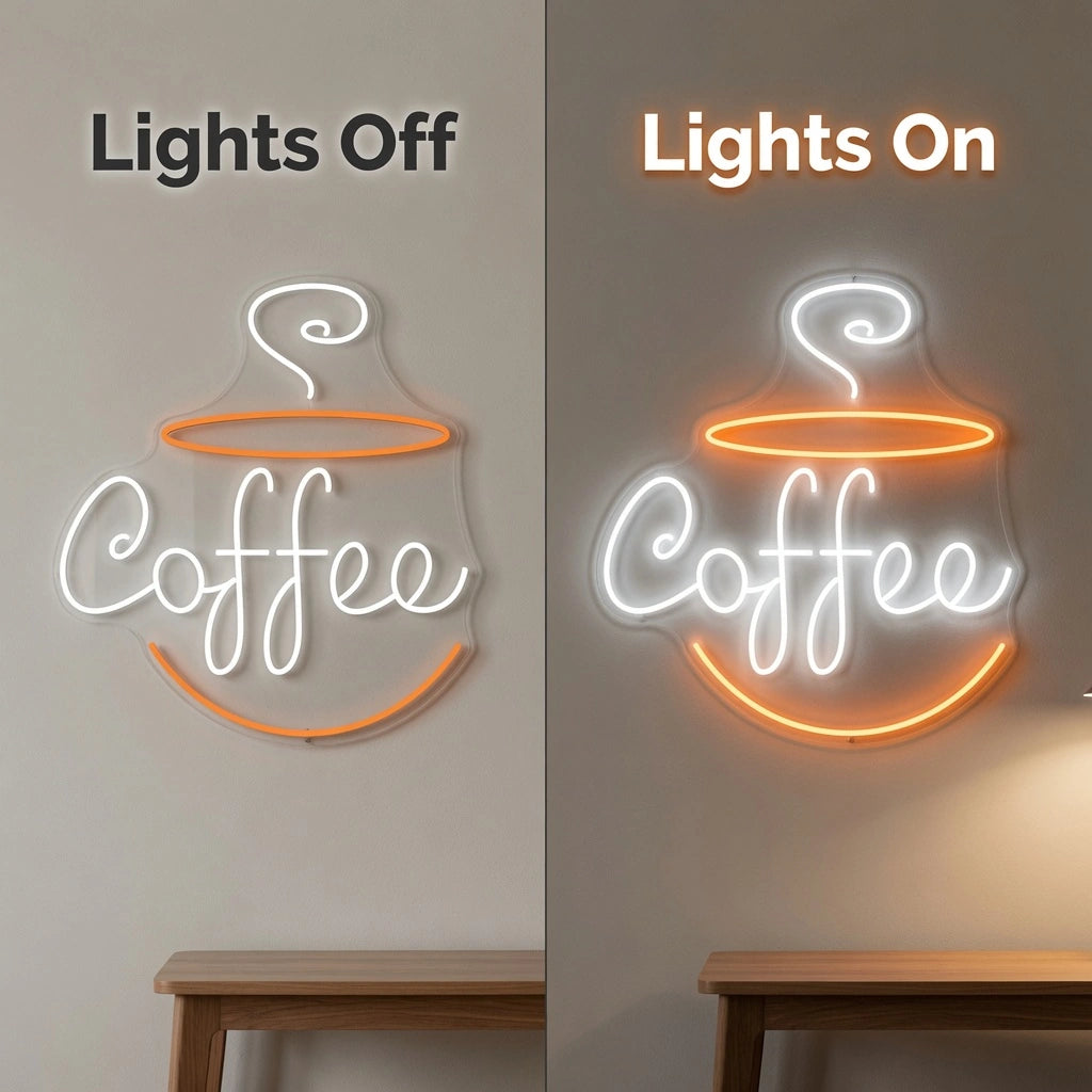 Coffee Business Room Decor LED Neon Sign - 06 Day Night Comparison