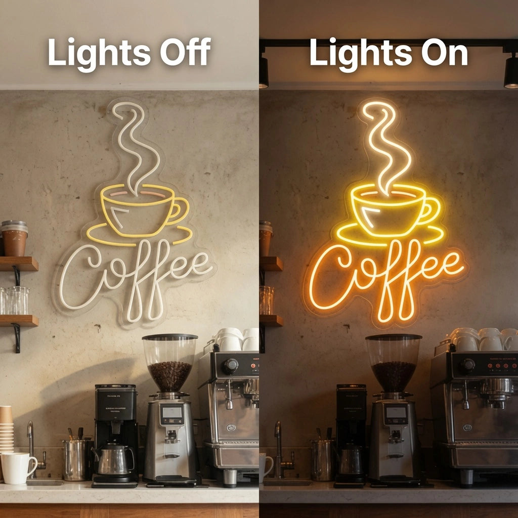 Coffee Cafe Interior Decor LED Neon Sign - 06 Day Night Comparison