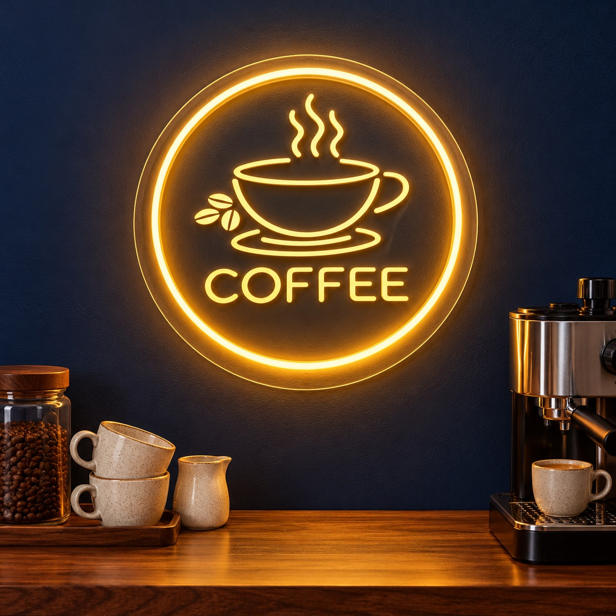 Coffee Circle Steaming Cup LED Neon Sign - advertising view