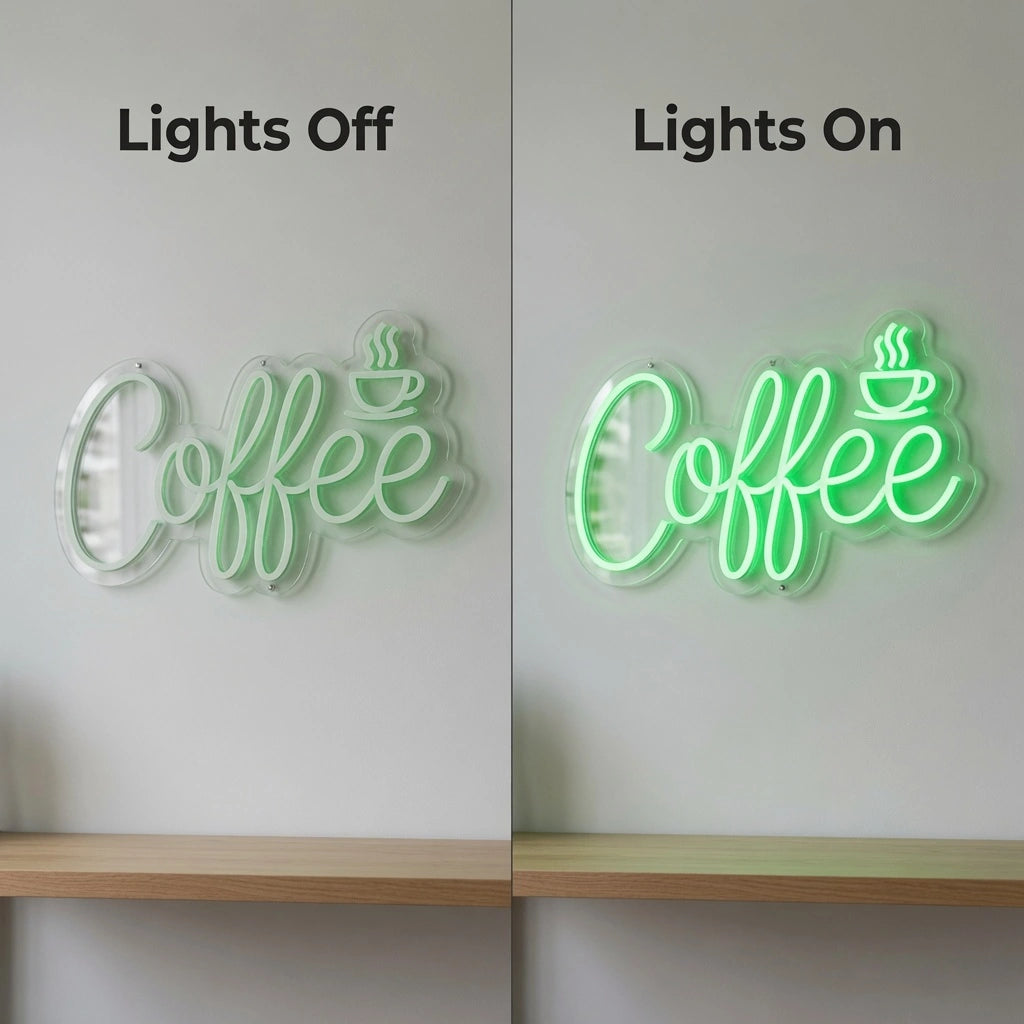 Coffee Coffee Bar Decor LED Neon Sign - 06 Day Night Comparison