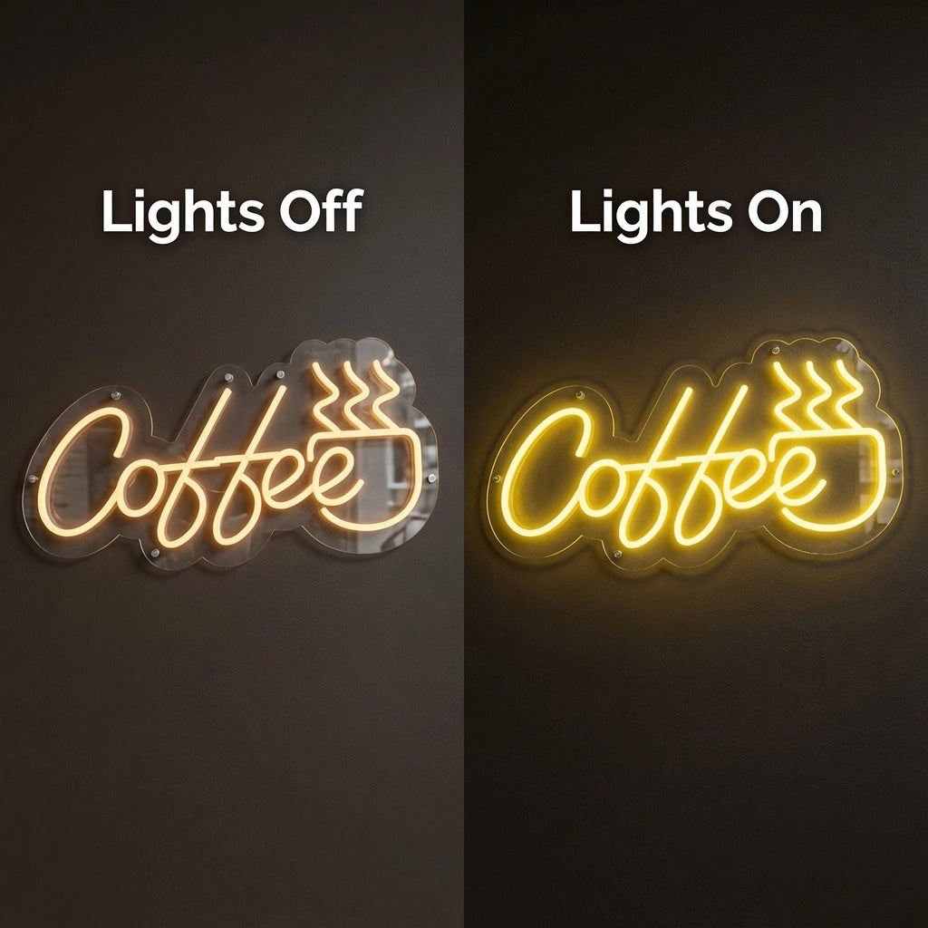 Coffee Coffee Shop Wall Art LED Neon Sign - 06 Day Night Comparison