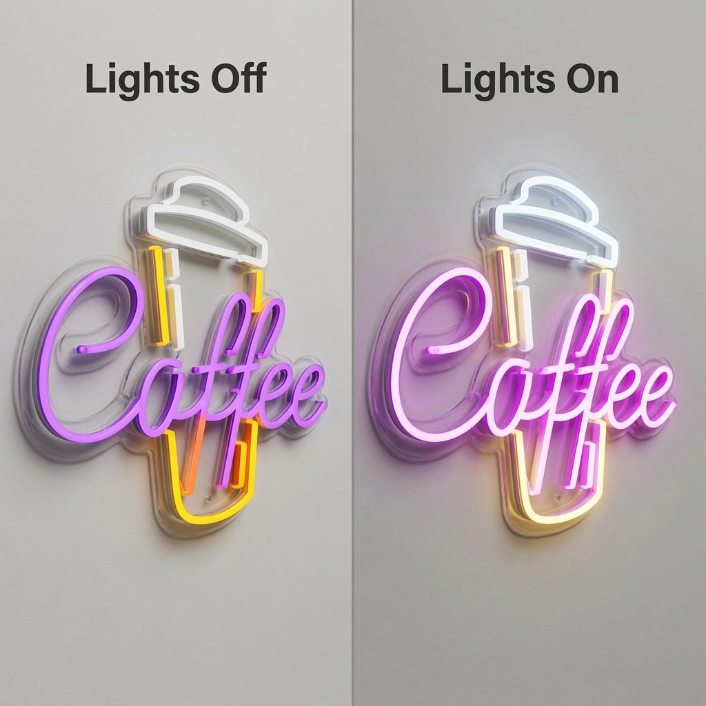 Coffee Commercial Wall Art LED Neon Sign - 06 Day Night Comparison