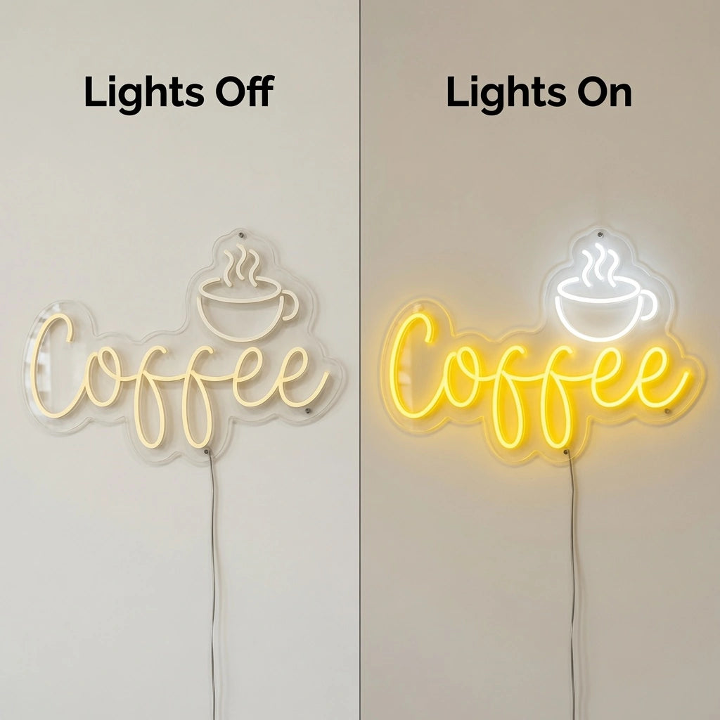 Coffee Counter Wall Art LED Neon Sign - 06 Day Night Comparison