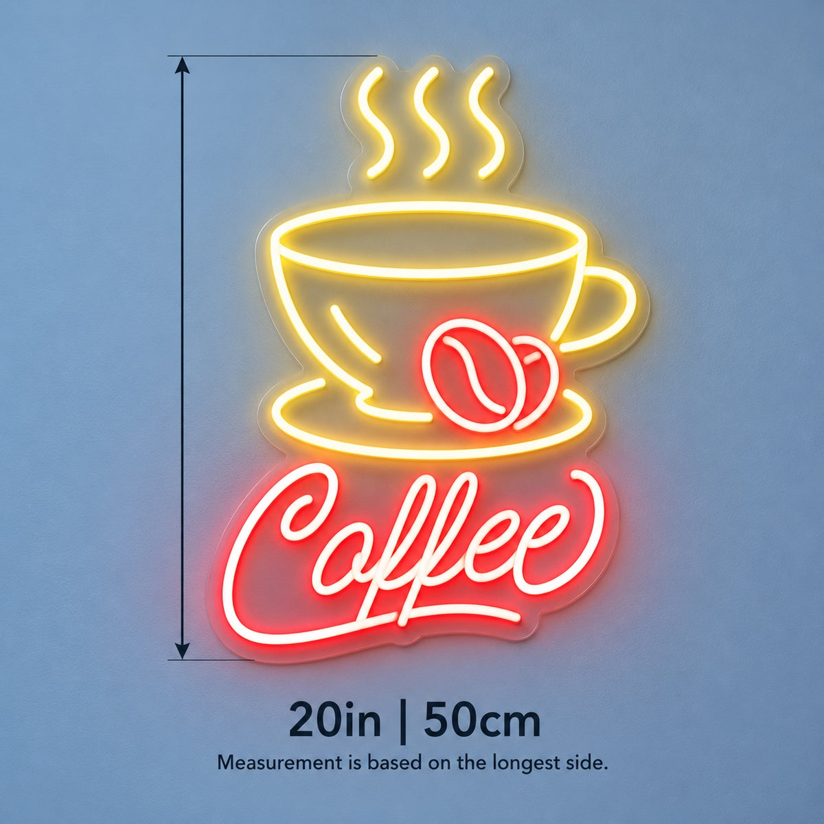 Coffee Cup And Beans LED Neon Sign - size guide
