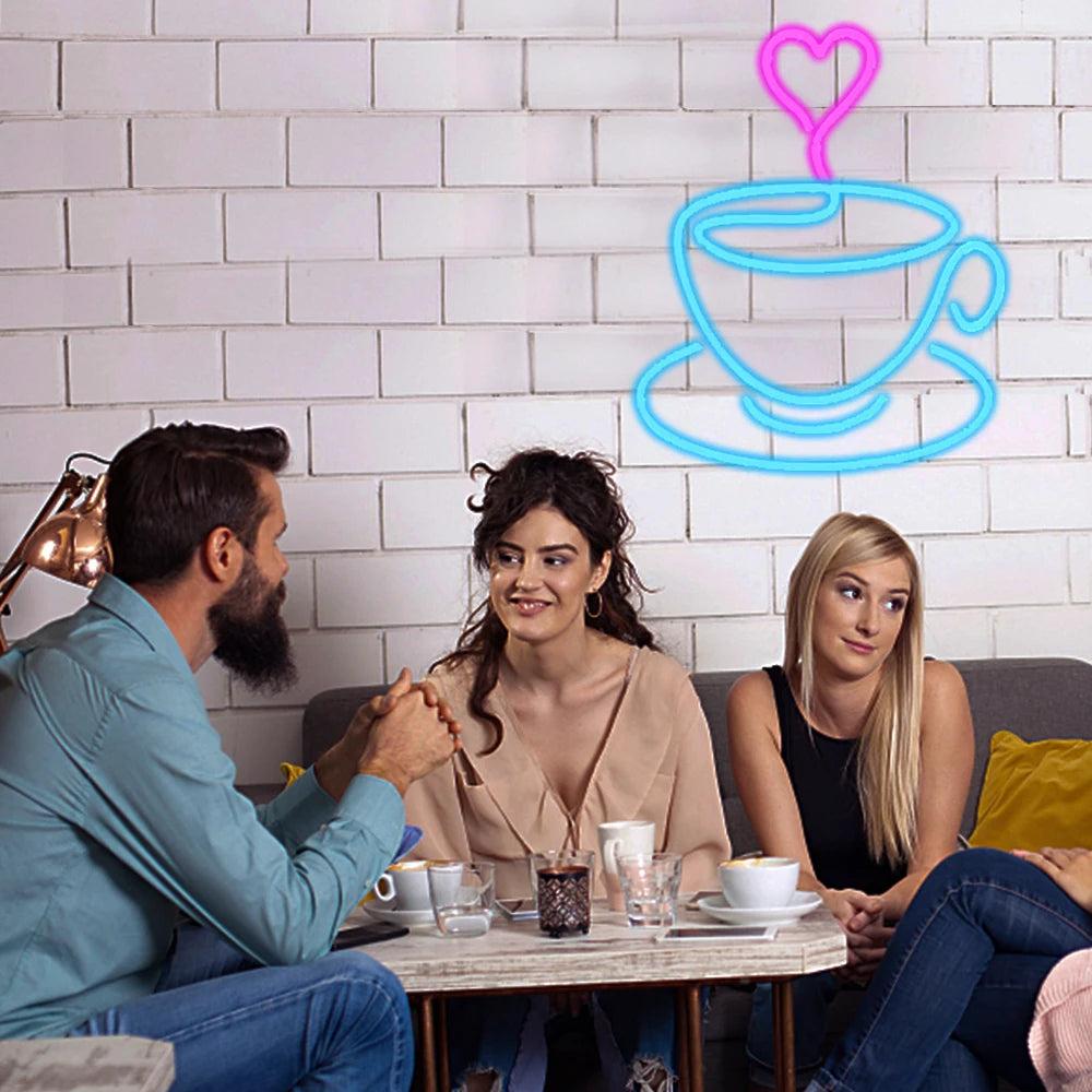 Coffee Cup Heart Teal Pink Led Neon Sign For Cafe Home Restaurant Decor | Shineneon