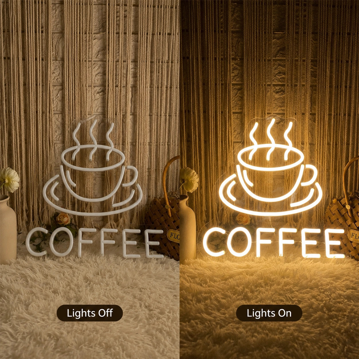 Coffee Cup Line Neon Sign LED Neon Sign day and night comparison
