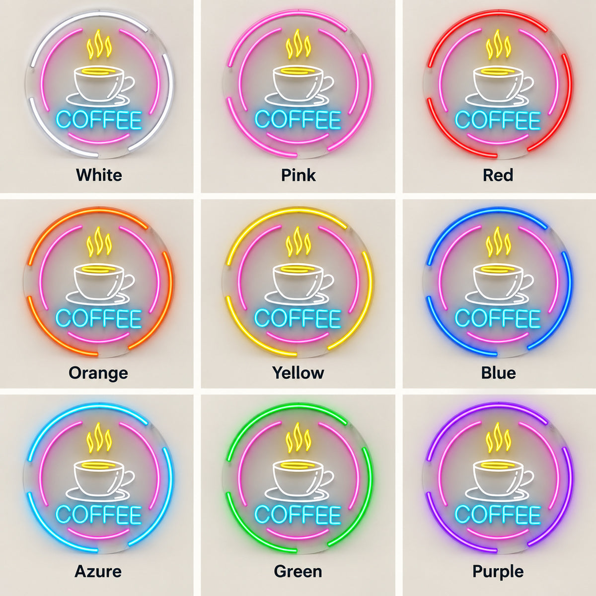 Coffee Cup Steam LED Neon Sign nine color examples