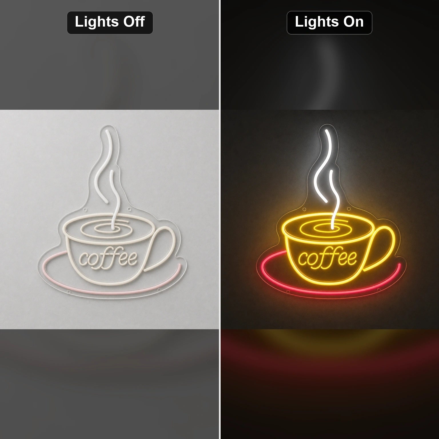 Coffee Cup With Swirl LED Neon Sign Home Garage Wall Decoration day and night comparison