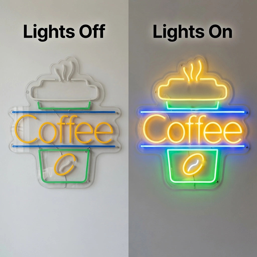 Coffee Entry Wall Decor LED Neon Sign - 06 Day Night Comparison