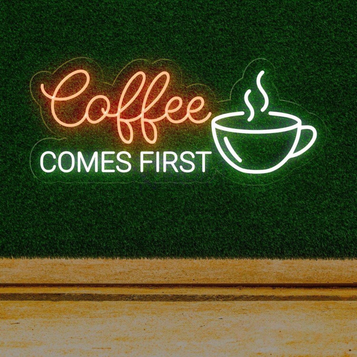 Coffee First White Led Neon Sign With Cup Design Cafe Wall Decor | Shineneon