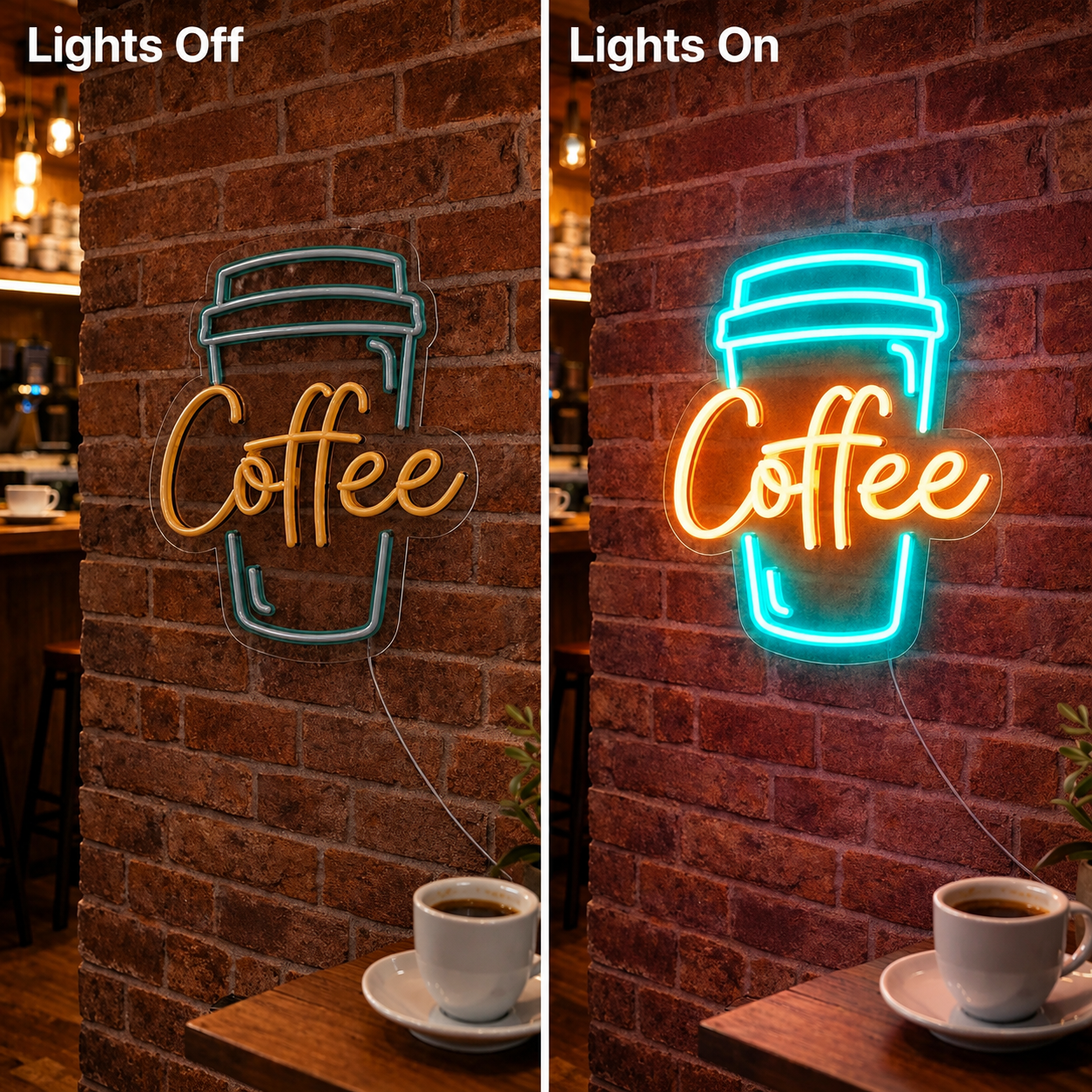 Coffee LED Neon Sign Home Wall Art - 06 Day Night Comparison