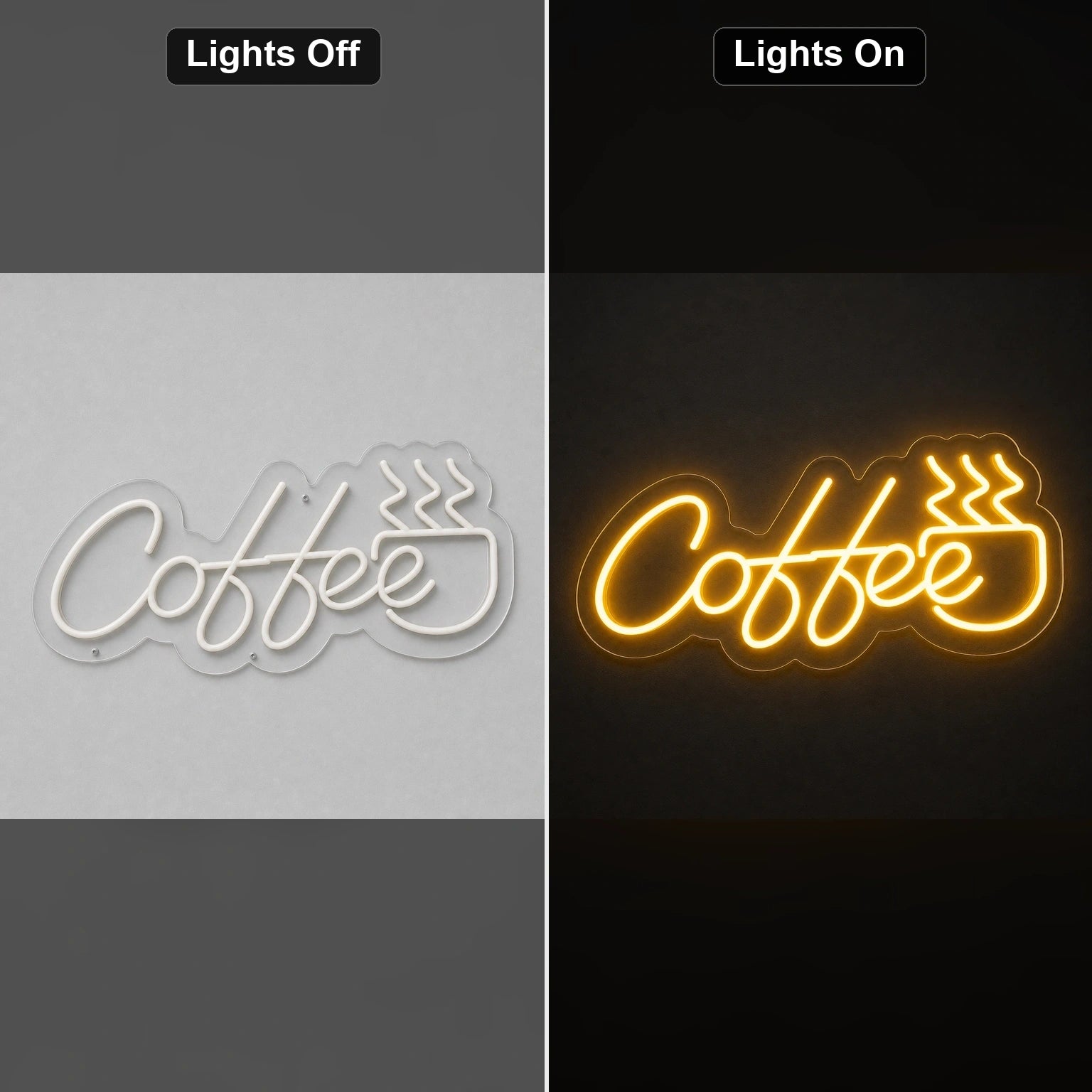 Coffee Script With Steaming Cup LED Neon Sign Home Garage Wall Decoration day and night comparison
