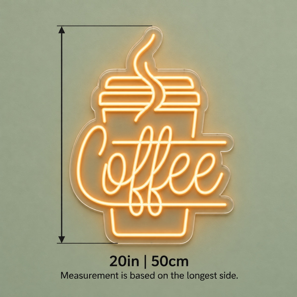 Coffee Steaming Cup LED Neon Sign - size guide