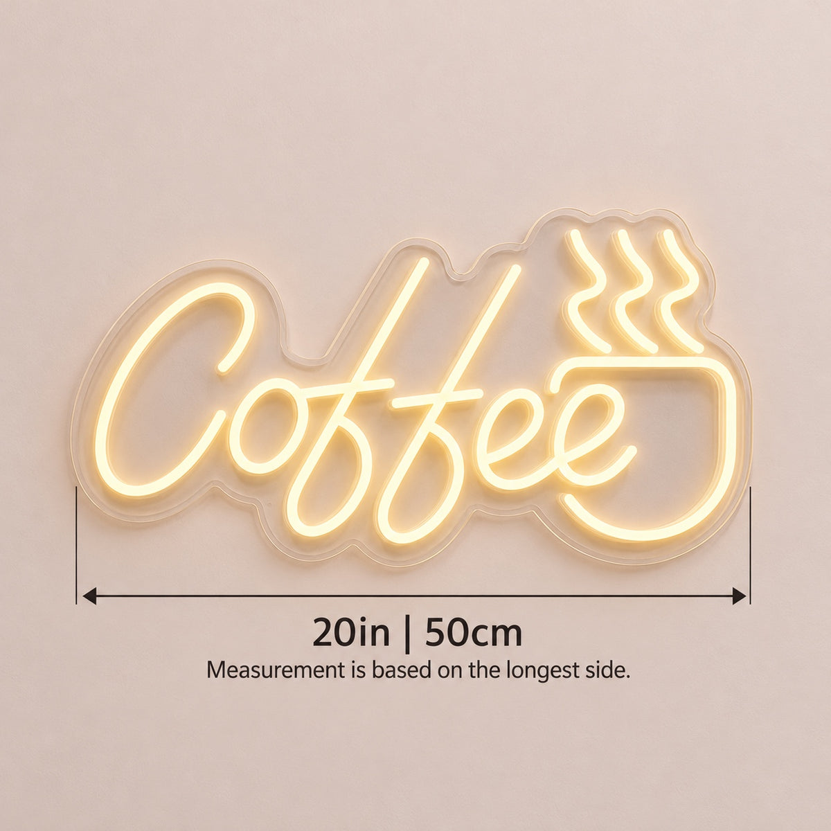 Coffee Steaming Cup LED Neon Sign - size guide