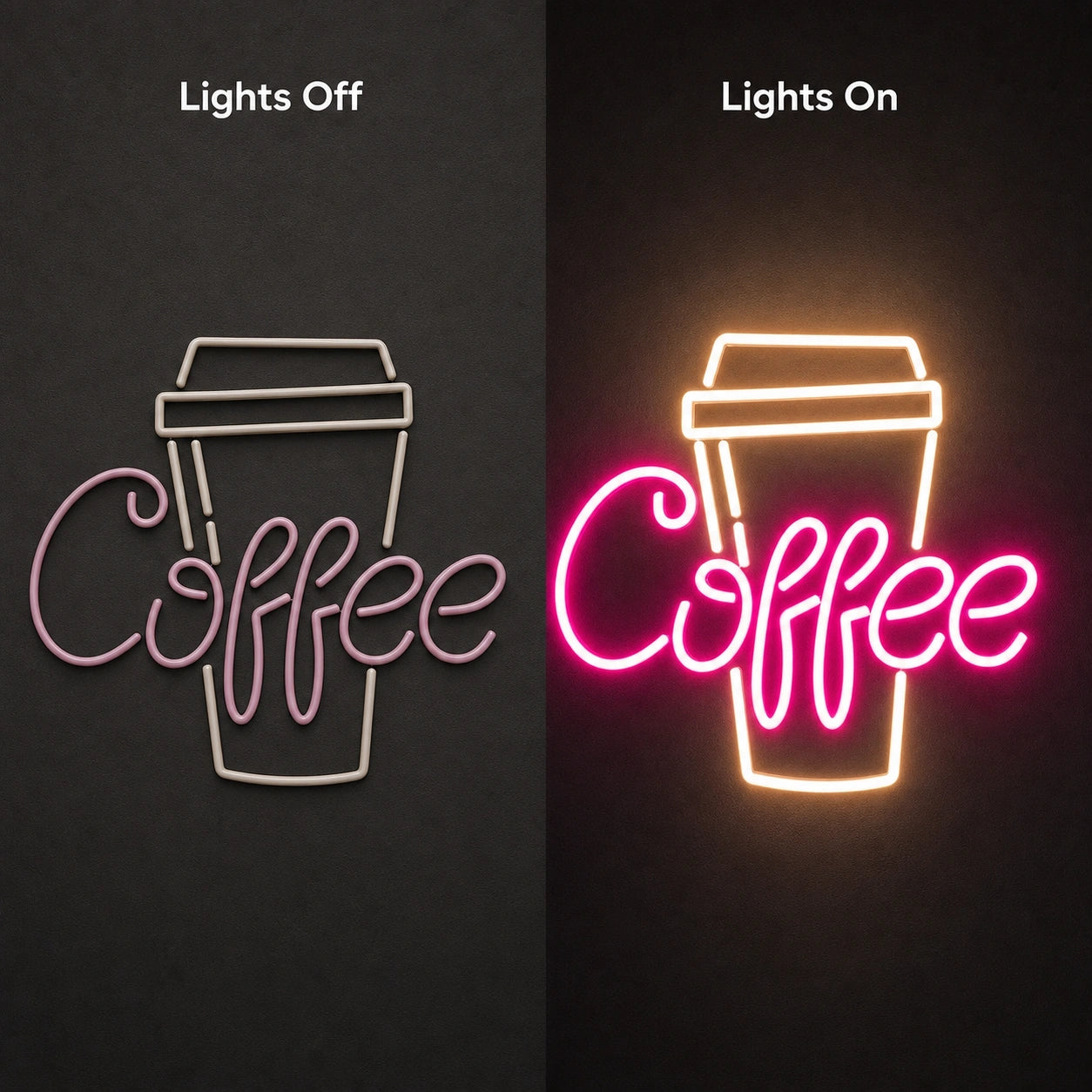 Coffee Takeaway Cup LED Neon Sign Home Garage Wall Decoration day and night comparison