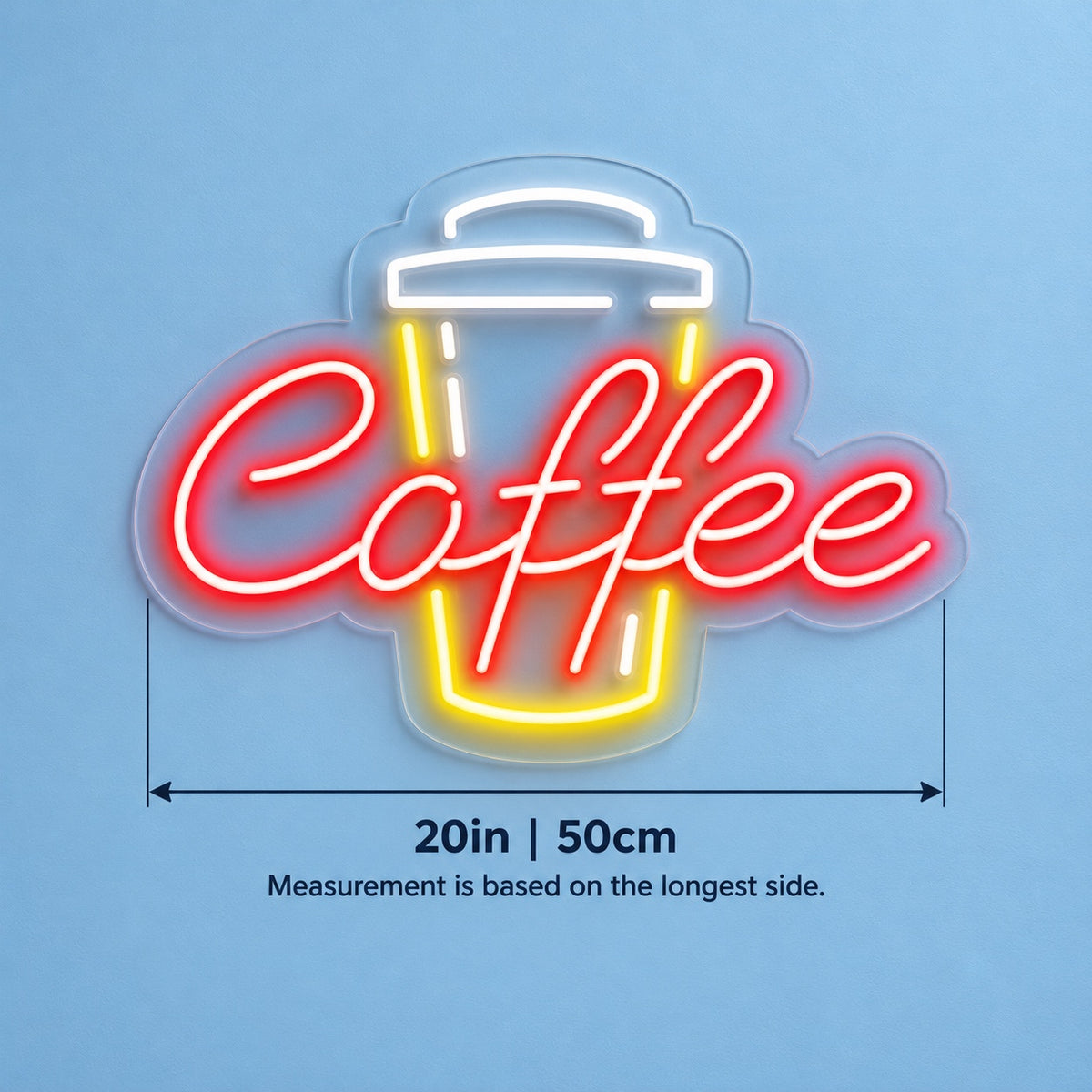 Coffee Takeaway Cup LED Neon Sign - size guide
