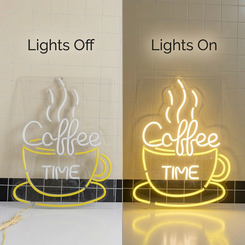 Coffee Time Room Decor LED Neon Sign - 06 Day Night Comparison
