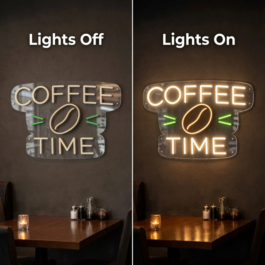 Coffee Time Wall Art LED Neon Sign - 06 Day Night Comparison