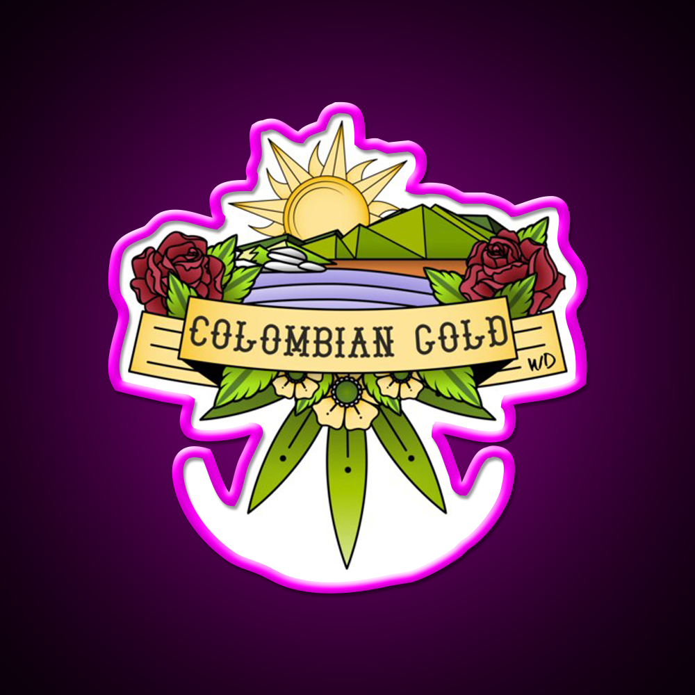 Colombian Gold Hemp Inspired Green Leaf Led Neon Sign Rgb Color - Neon sign mounted on wall in room