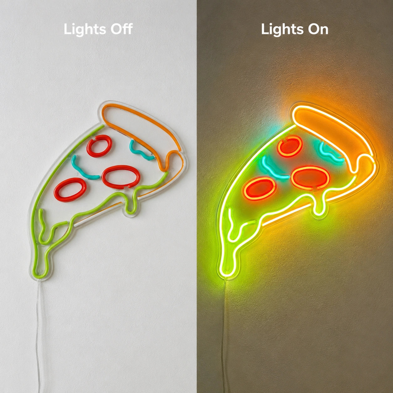 Color Pizza Slice Neon Sign LED Neon Sign day and night comparison